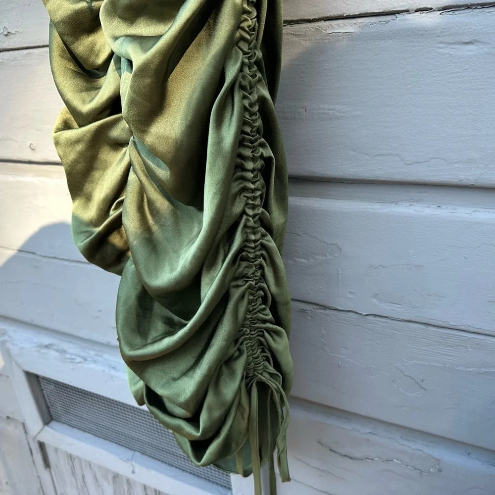Mistress Rocks 'AFTERGLOW' Olive Asymmetric Ruched Mini Dress size XS - Picture 7 of 9